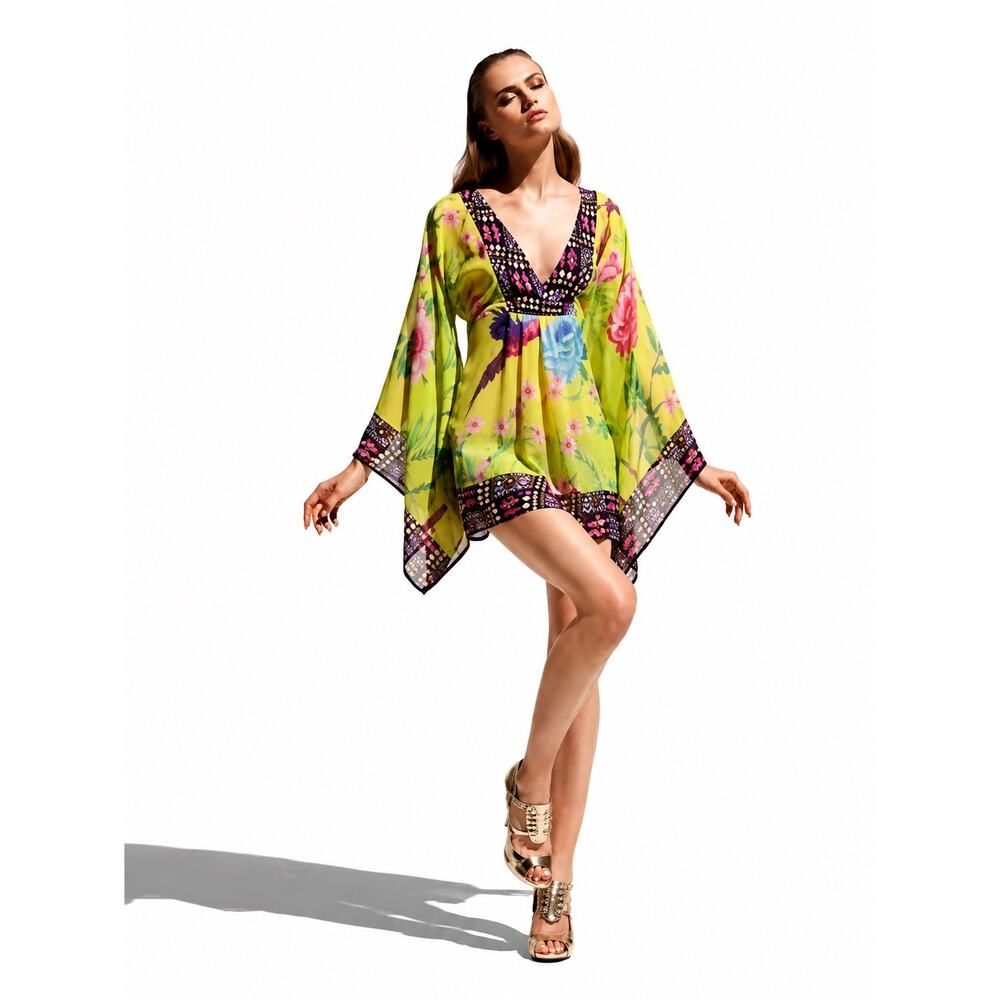 MATTHEW WILLIAMSON X H&M 100% Silk Bird Floral Print Kaftan Tunic Cover-Up Sz 2